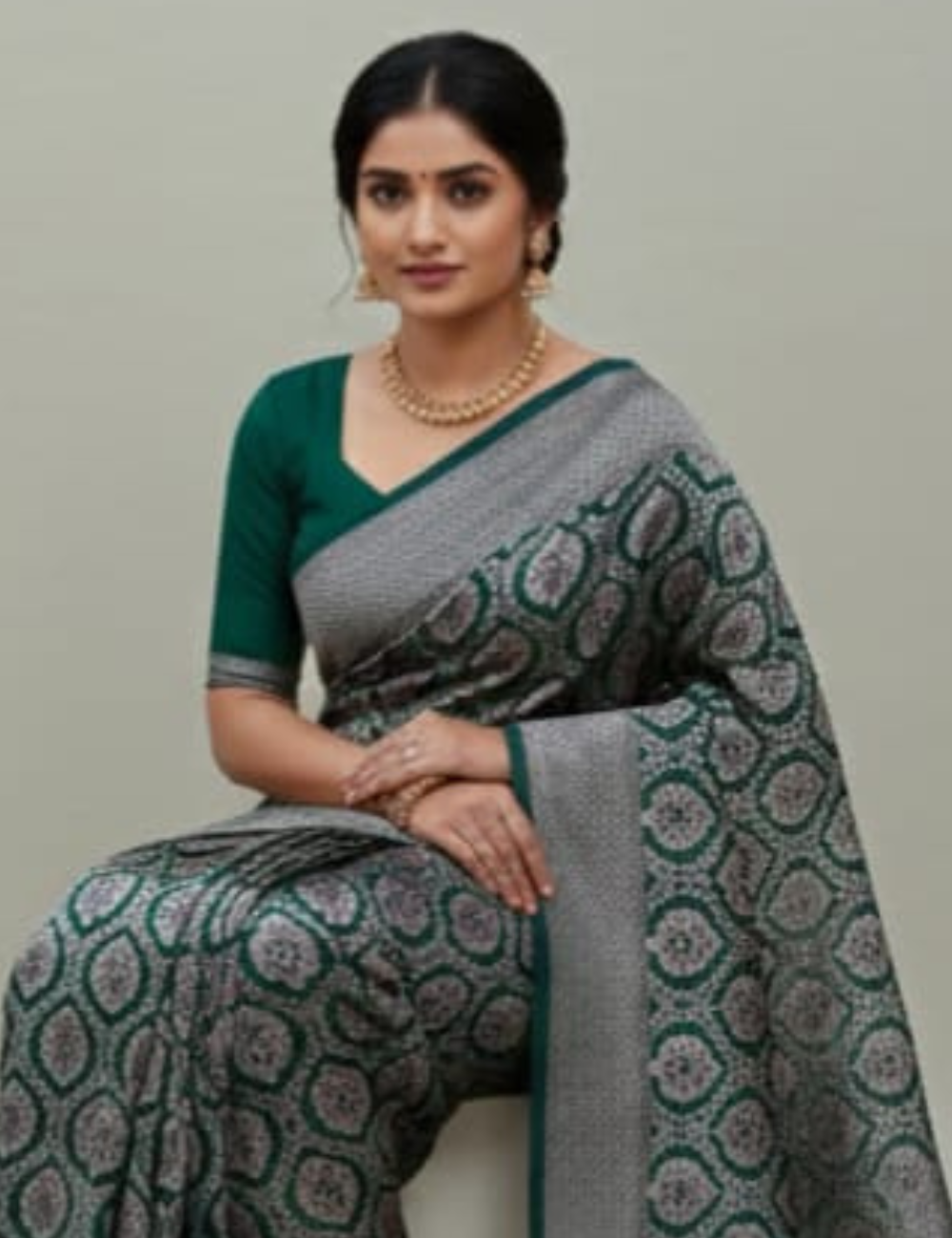 Dark Green Handwoven Silk Saree with Yellow Contrast Border