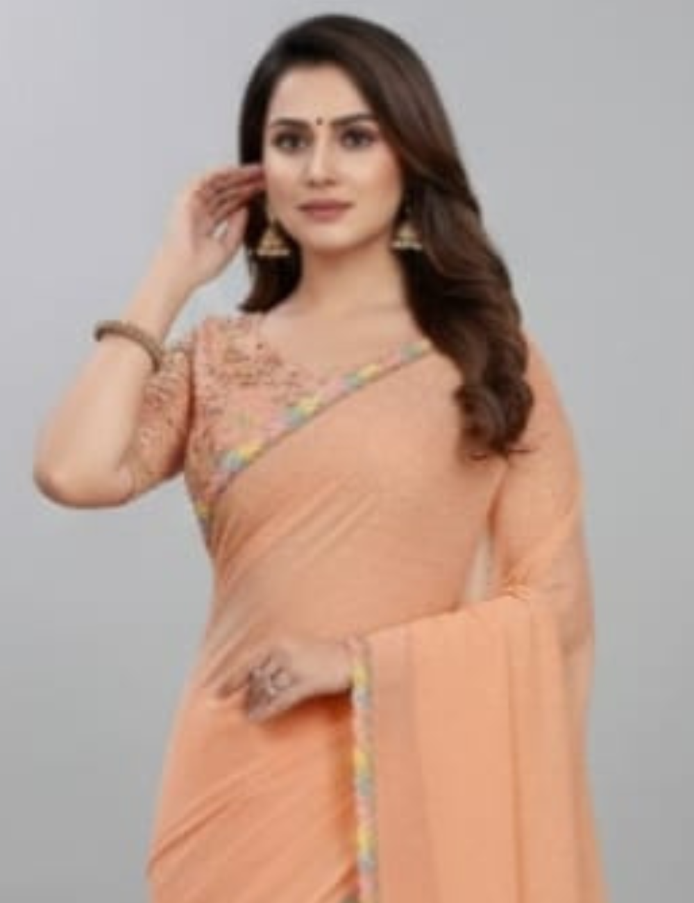 Peach Embroidered Designer Saree with Colorful Border