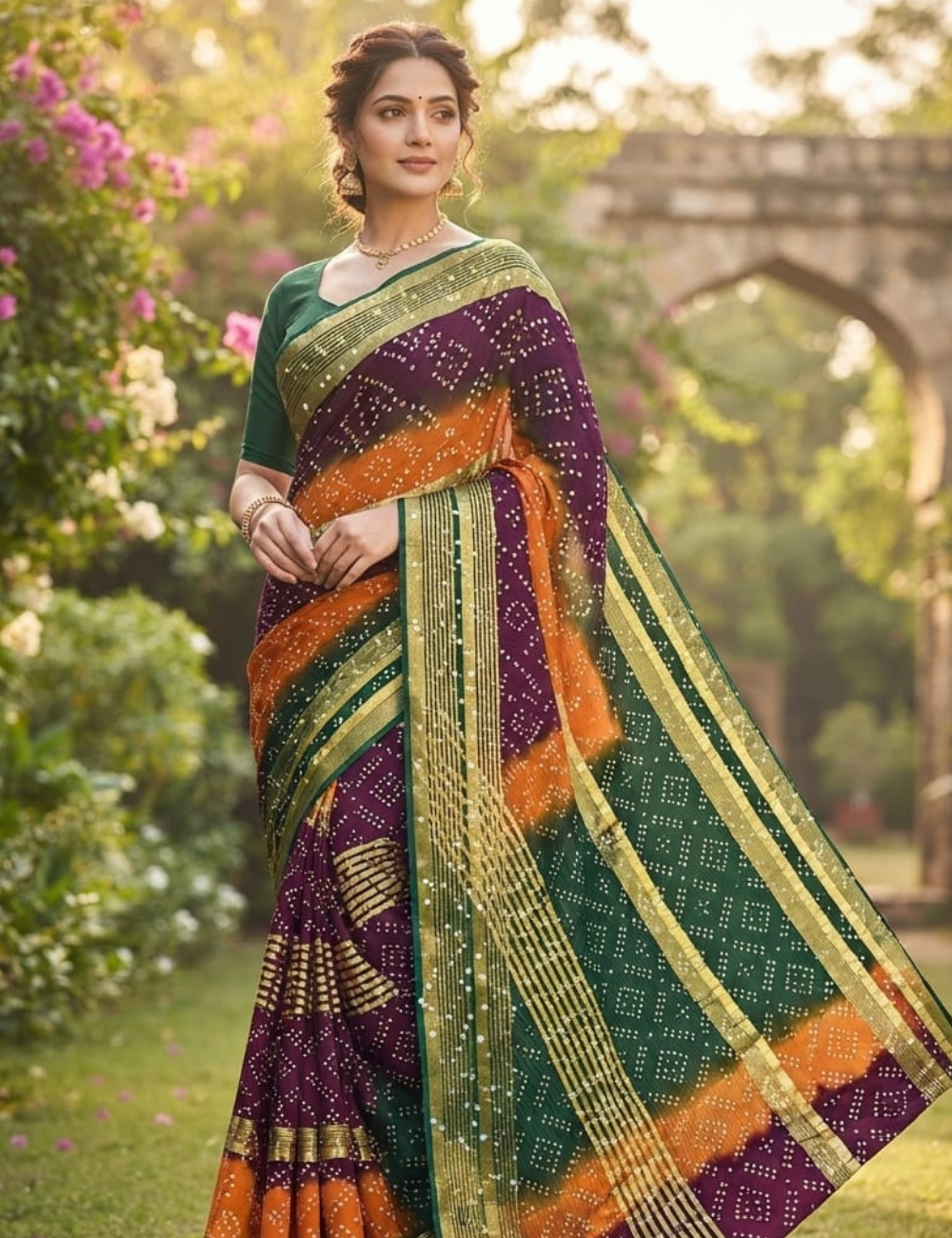 Elegant Multi-Colored Bandhani Print Sari with Zari Stripes