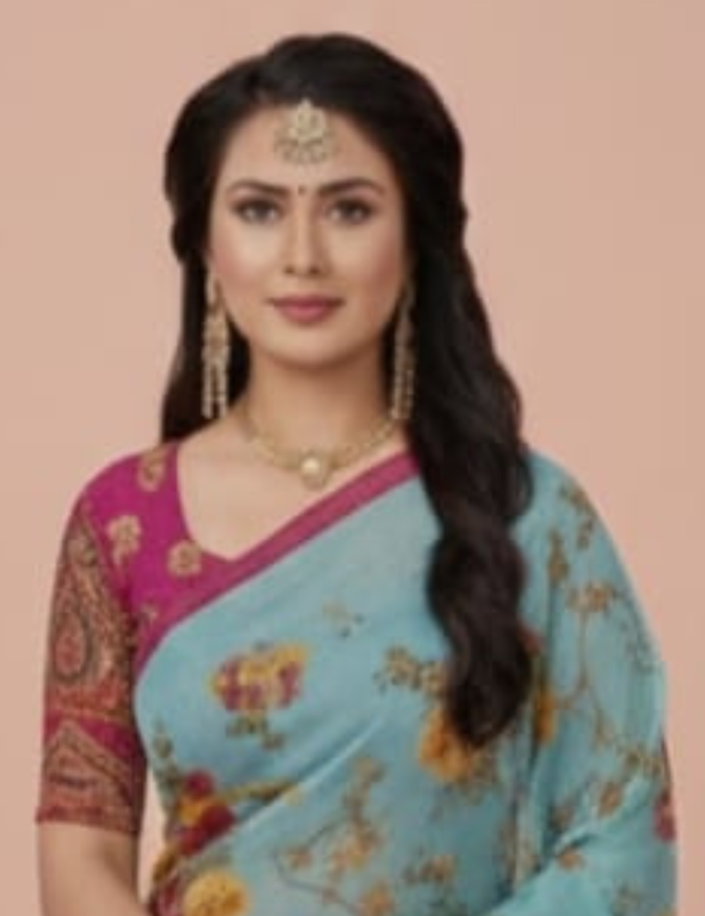 Stylish Light Blue Saree with Magenta Designer Blouse