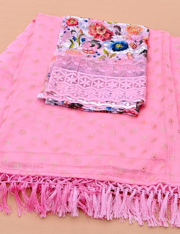 Charming Pink Saree with Floral Designer Blouse