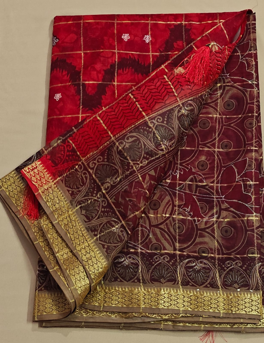Crimson Gold Checkered Cotton Saree