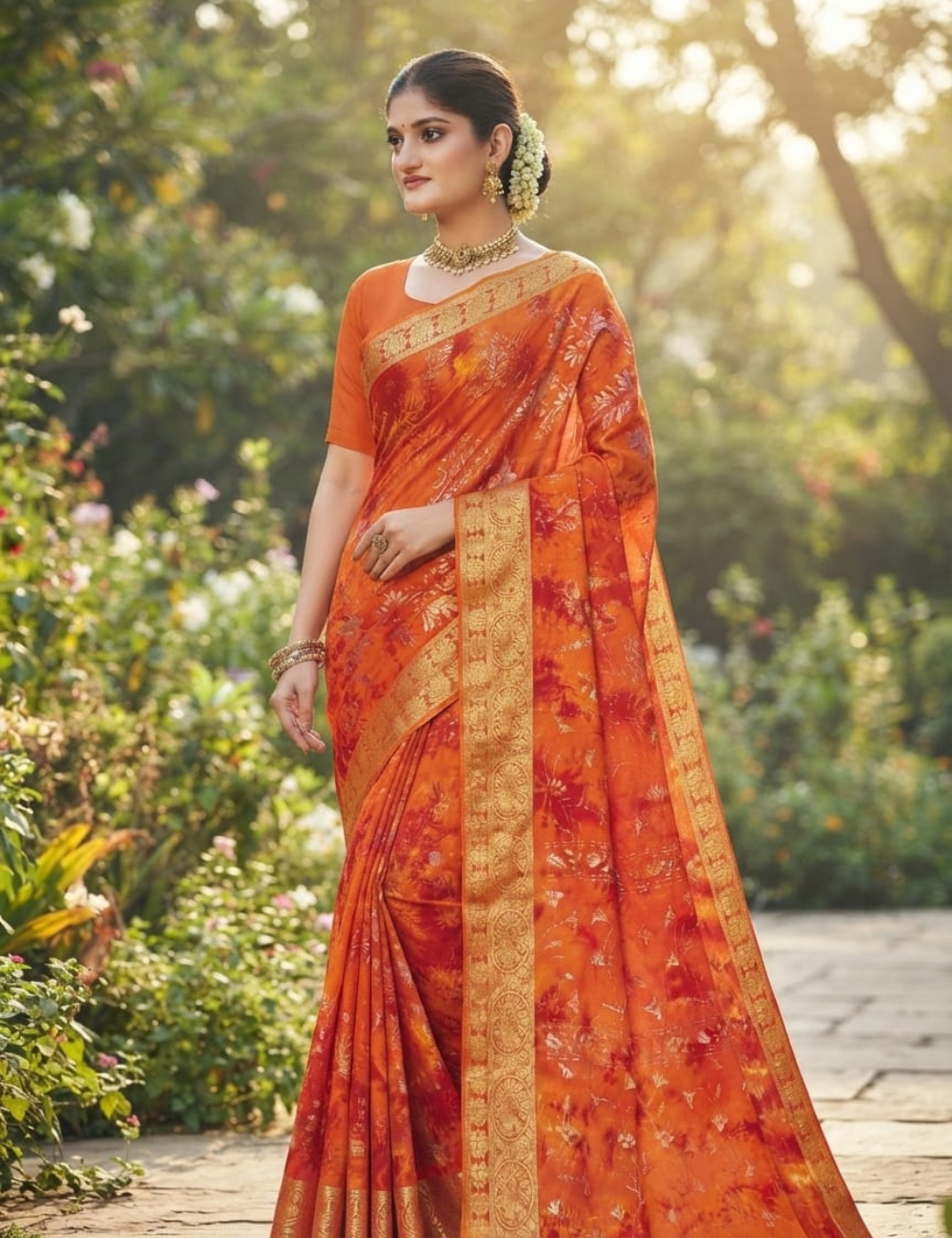 Radiant Orange Floral Zari Silk Saree