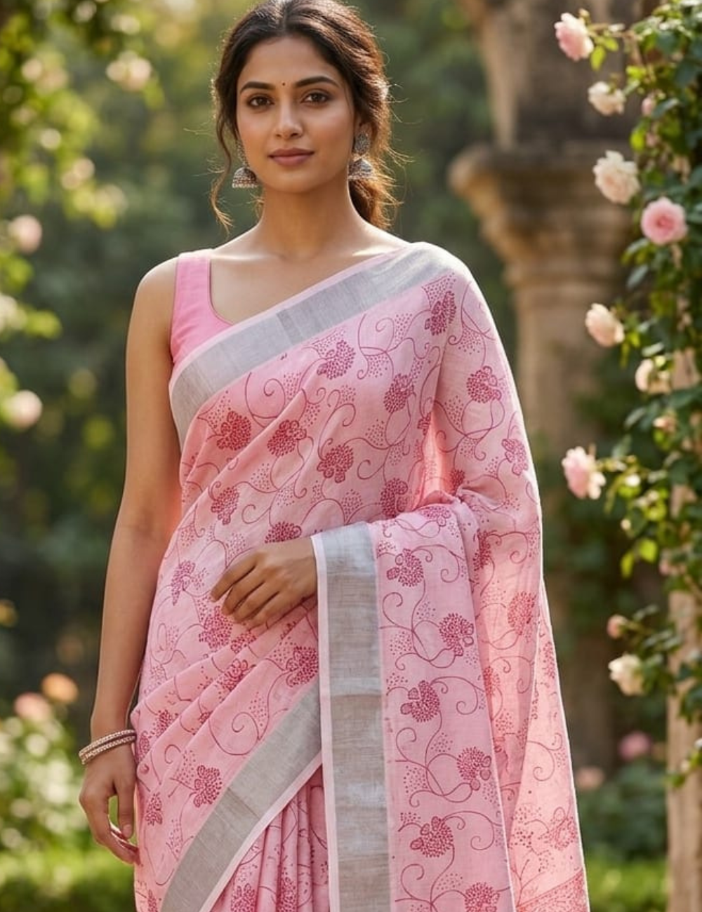 Pink Floral Printed Cotton Saree with Silver Border