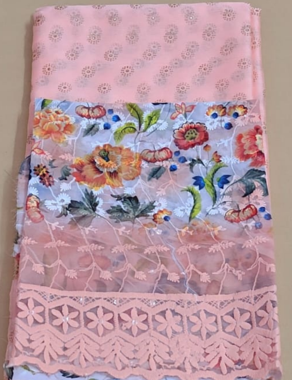 Elegant Peach Saree with Floral Printed Blouse