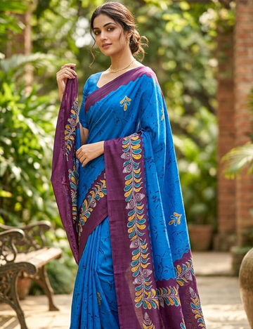 Royal Blue Saree with Artistic Purple Border Dola Silk Saree
