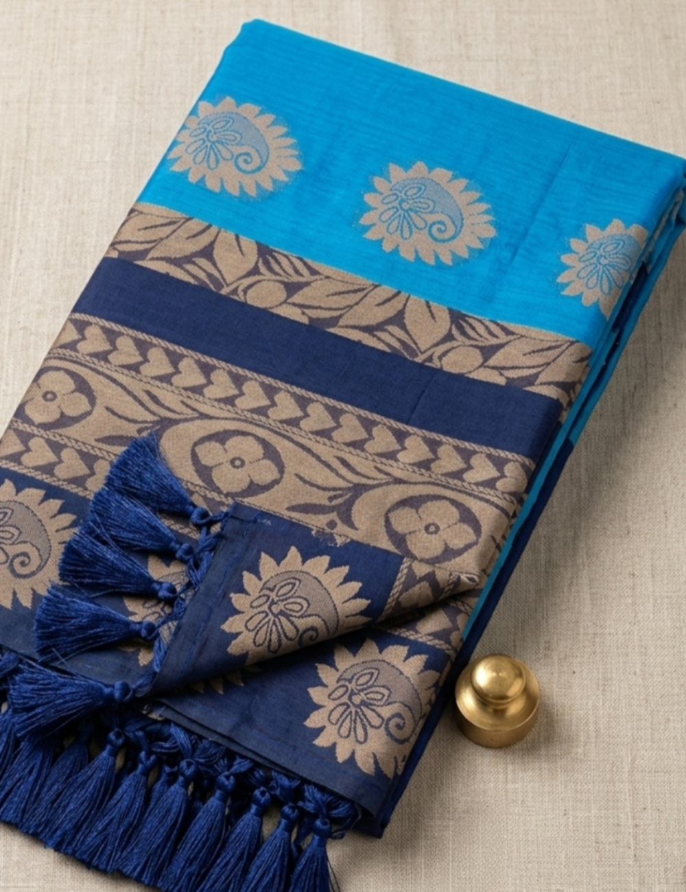 Royal Blue Cotton Saree with Elegant Motifs & Contrast Border