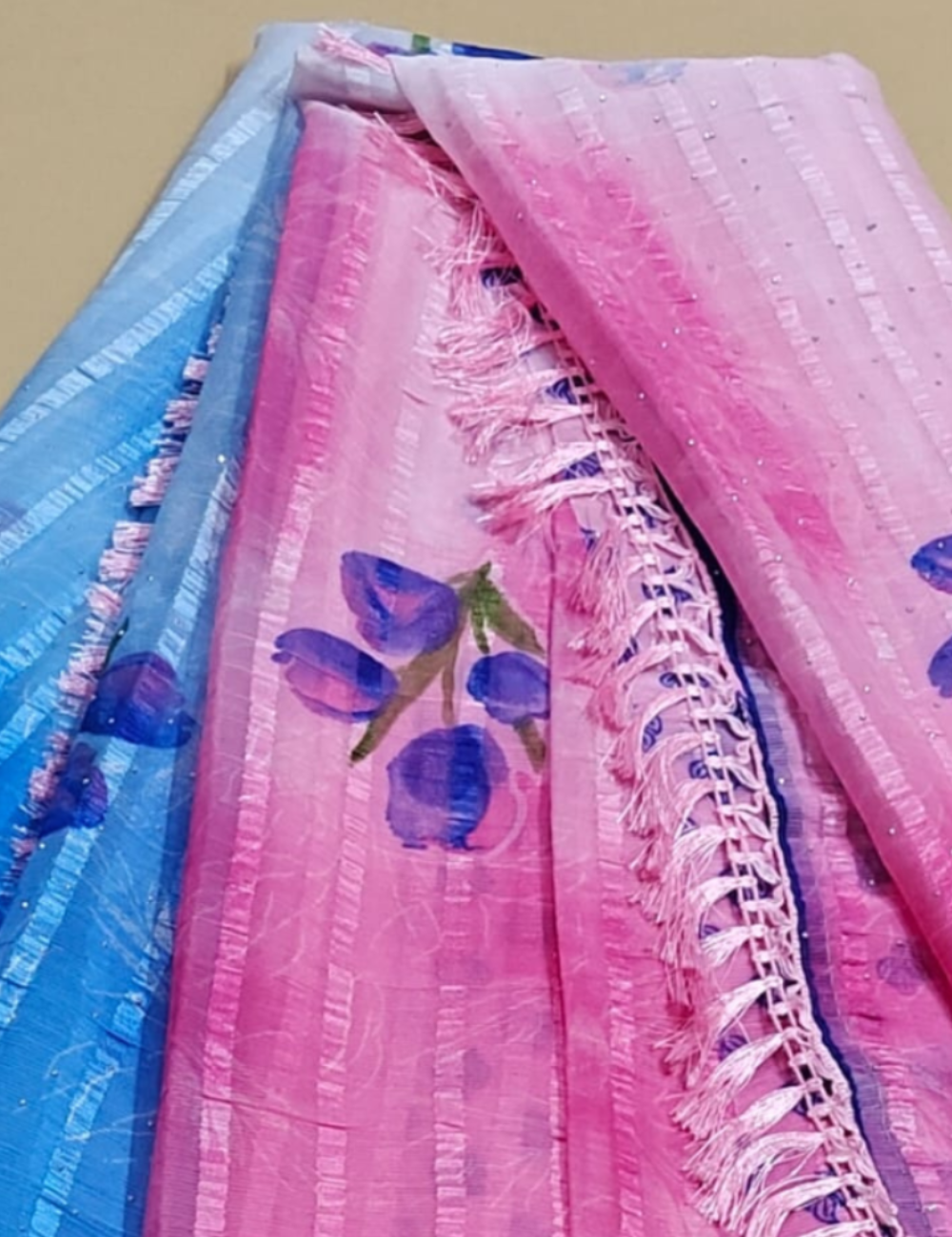 Pink and Blue Dual-Tone Color Saree with Floral Motifs