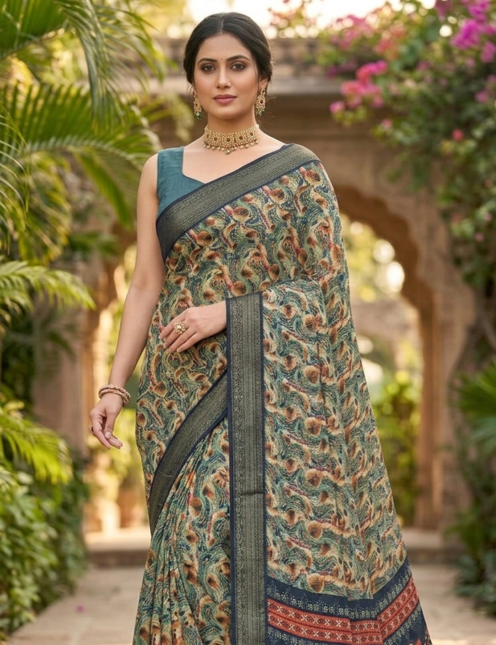 Ocean Wave Designer Printed Saree with Elegant Border