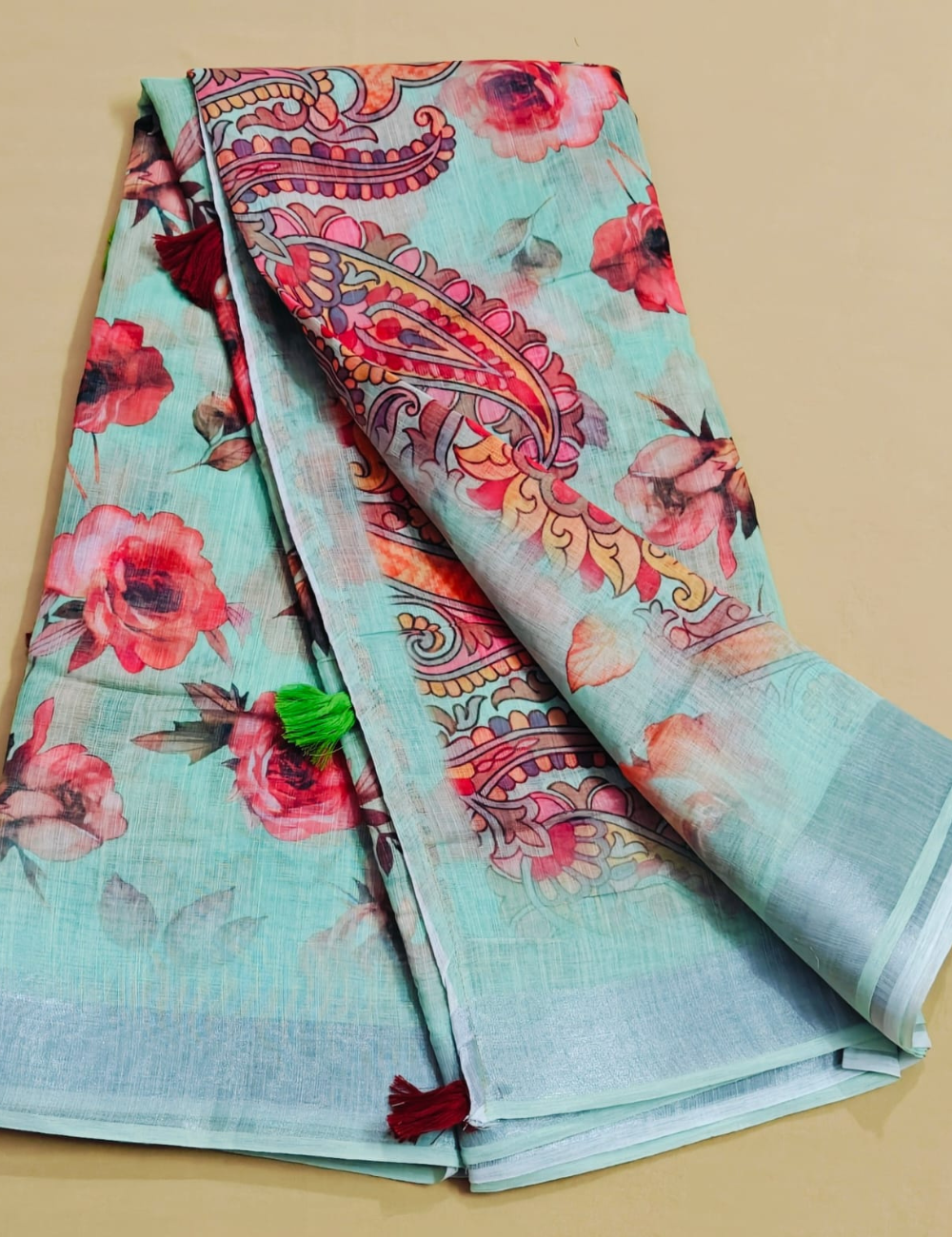 Elegant Floral Paisley Printed Saree with Tassel Design