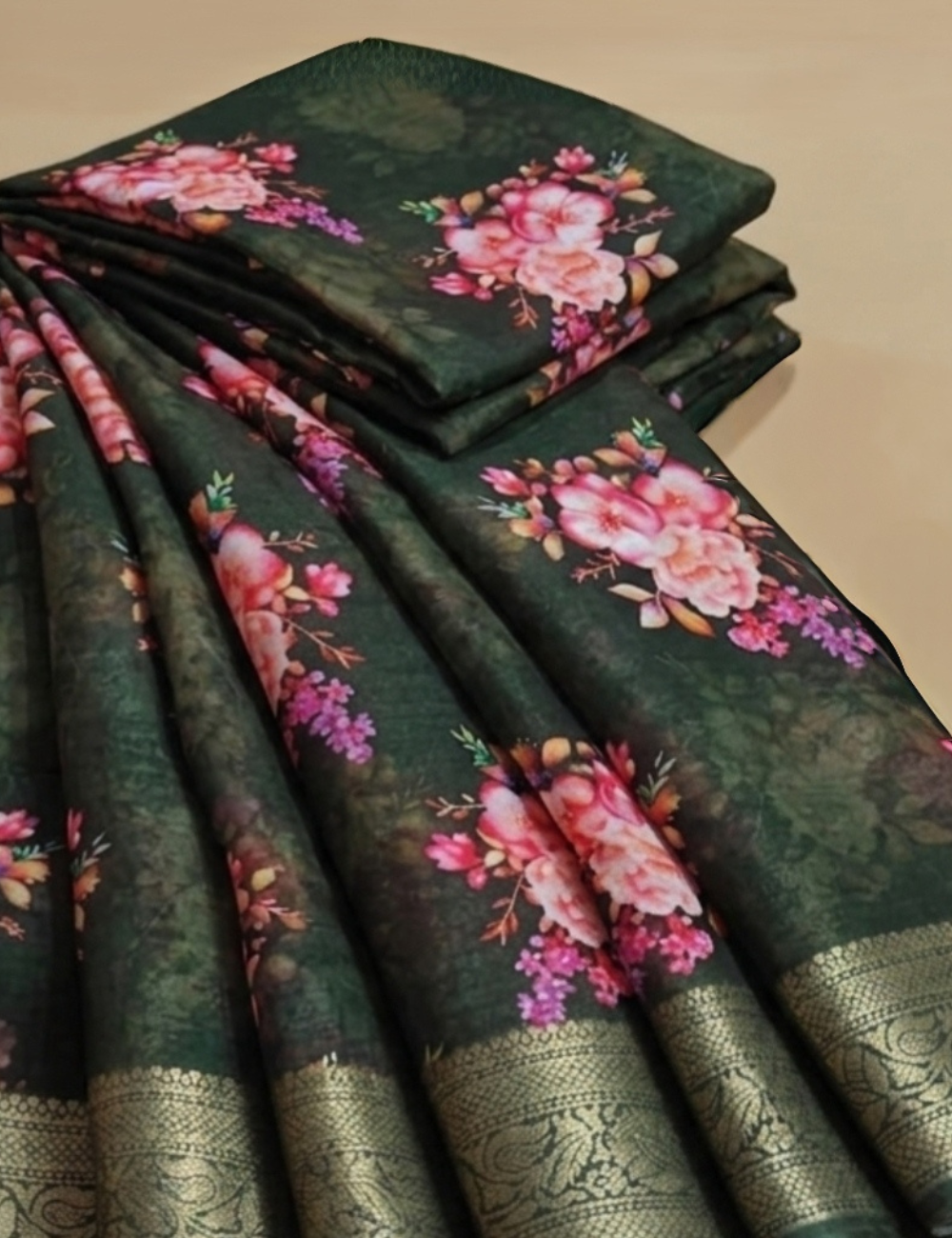Elegant Dark Green Floral Printed Saree