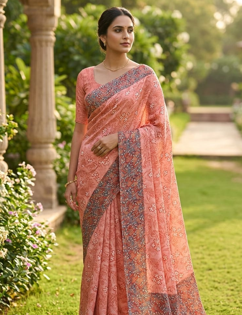 Blush Peach Floral Silk Saree with Geometric Foliage Border