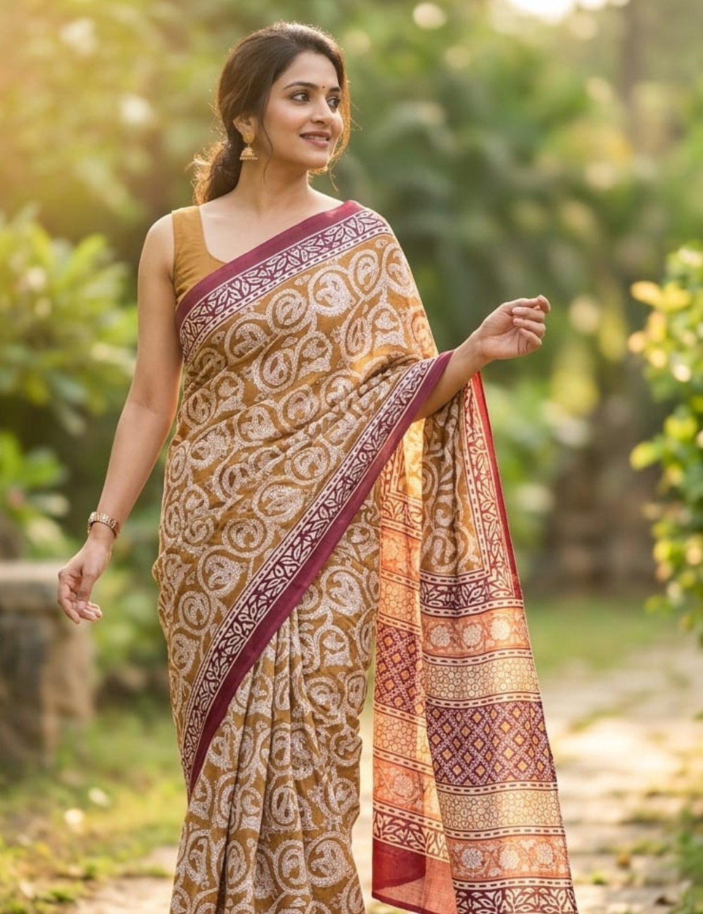 Earthy Paisley Cotton Saree with Rose Pink Border