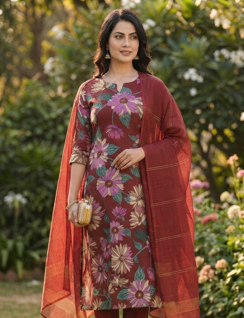 Maroon Floral Printed Kurta Set with Matching Dupatta