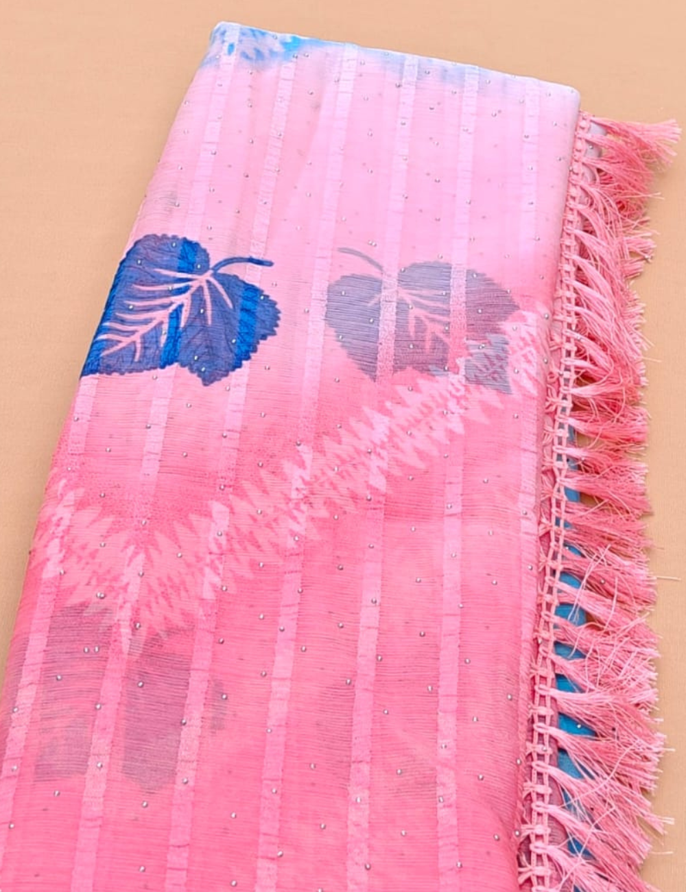 Vibrant Pink and Blue Saree with Leaf Motif and Fringed Border
