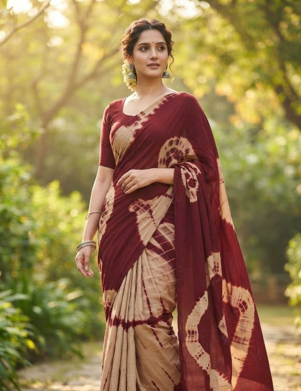 Off-White and Maroon Tie-Dye Soft Cotton Sari