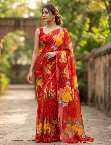 Deep Red base with Vibrant Multicolor Floral Prints Saree