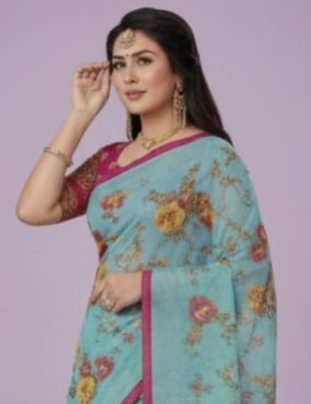 Stylish Light Blue Saree with Magenta Designer Blouse