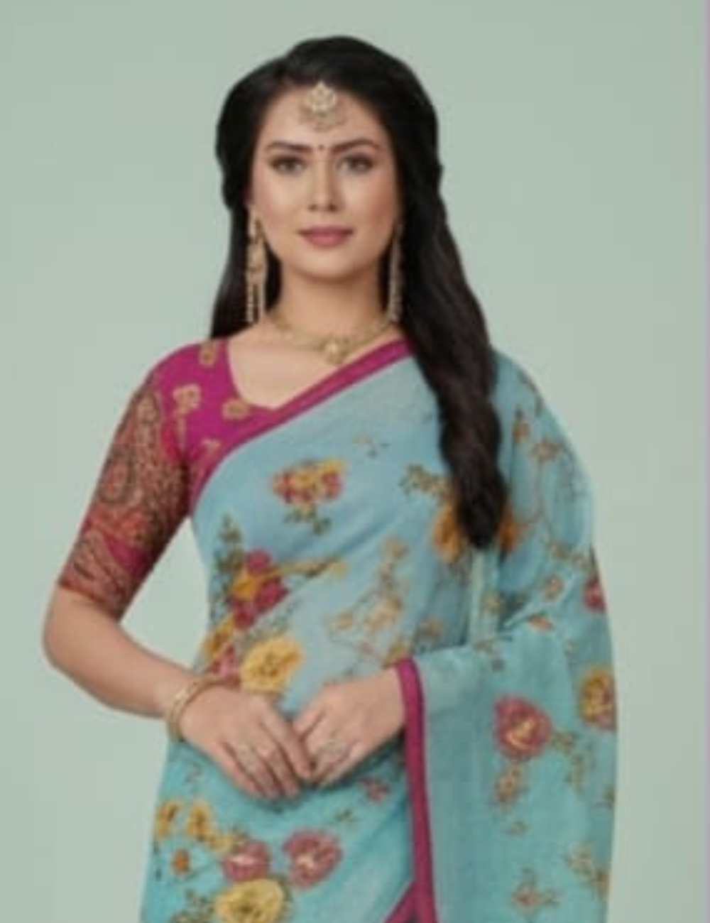 Stylish Light Blue Saree with Magenta Designer Blouse