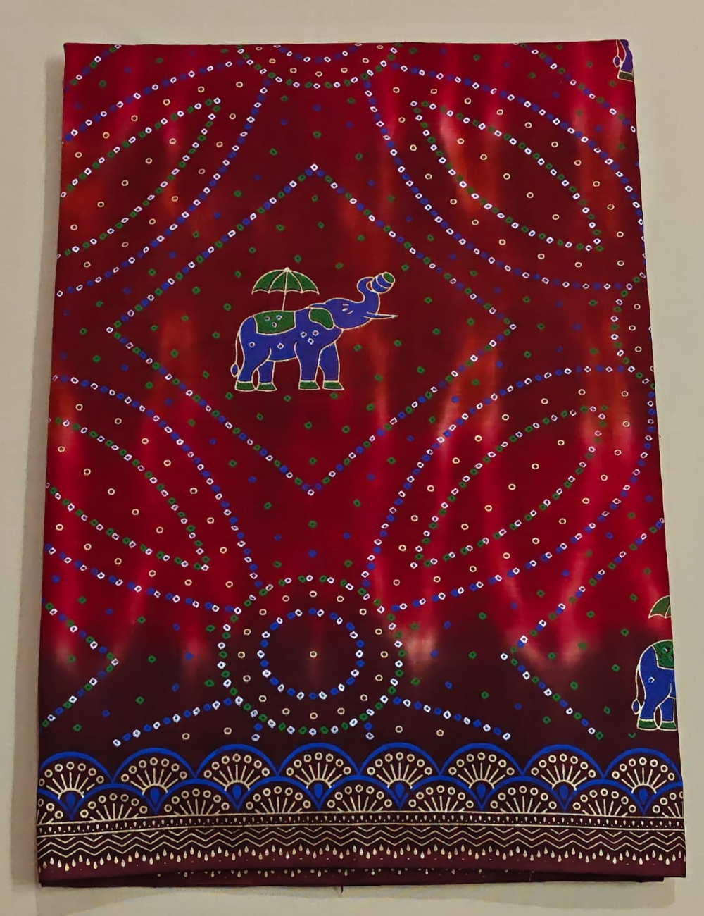 Traditional Maroon Bandhani Print Cotton Saree with Elephant Motifs