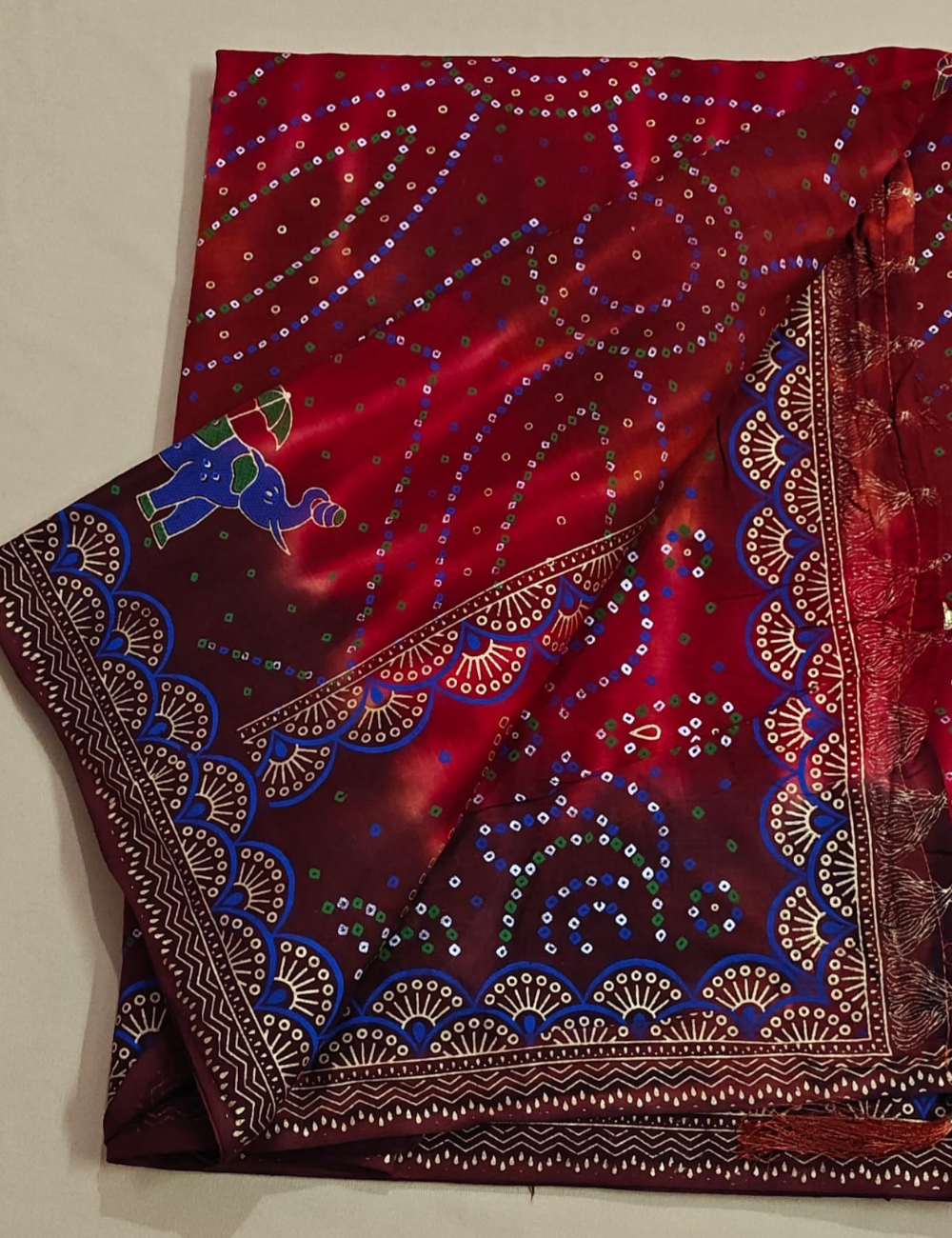 Traditional Maroon Bandhani Print Cotton Saree with Elephant Motifs
